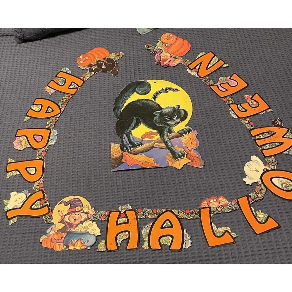 1980’s Halloween Die Cuts 6’ Jointed Banner & Eureka USA Double Sided Black Cat